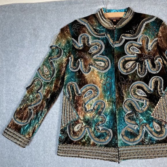 Obstinee By Ika Jacket 6 Teal Brown Velvet Beaded Art to Wear Embroidered Artsy - Picture 2 of 16